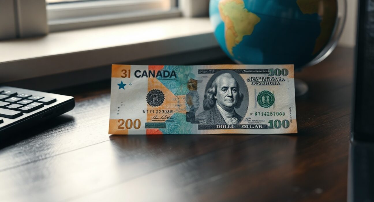 Canadian and US dollar banknotes on a desk representing USD/CAD forex pair