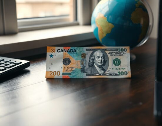 Canadian and US dollar banknotes on a desk representing USD/CAD forex pair