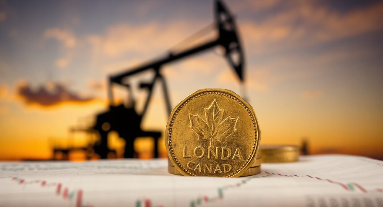 Canadian dollar coin on financial chart with oil rig background