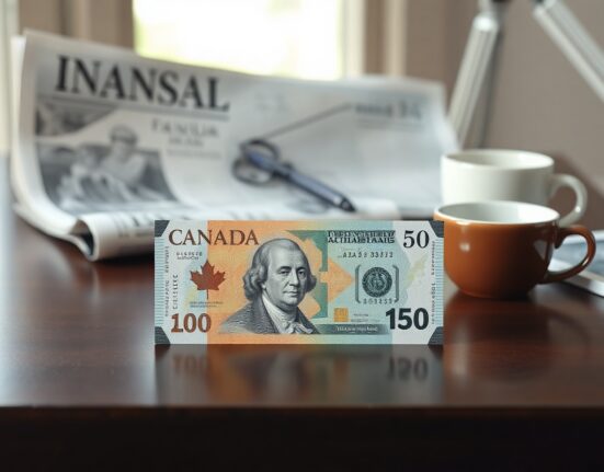 Canadian and US dollar banknotes on a desk, representing forex market focus on upcoming data.