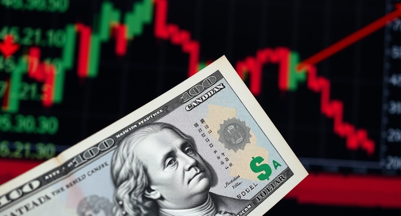 Canadian and US dollar banknotes on a trading desk with a downward-trending chart in the background