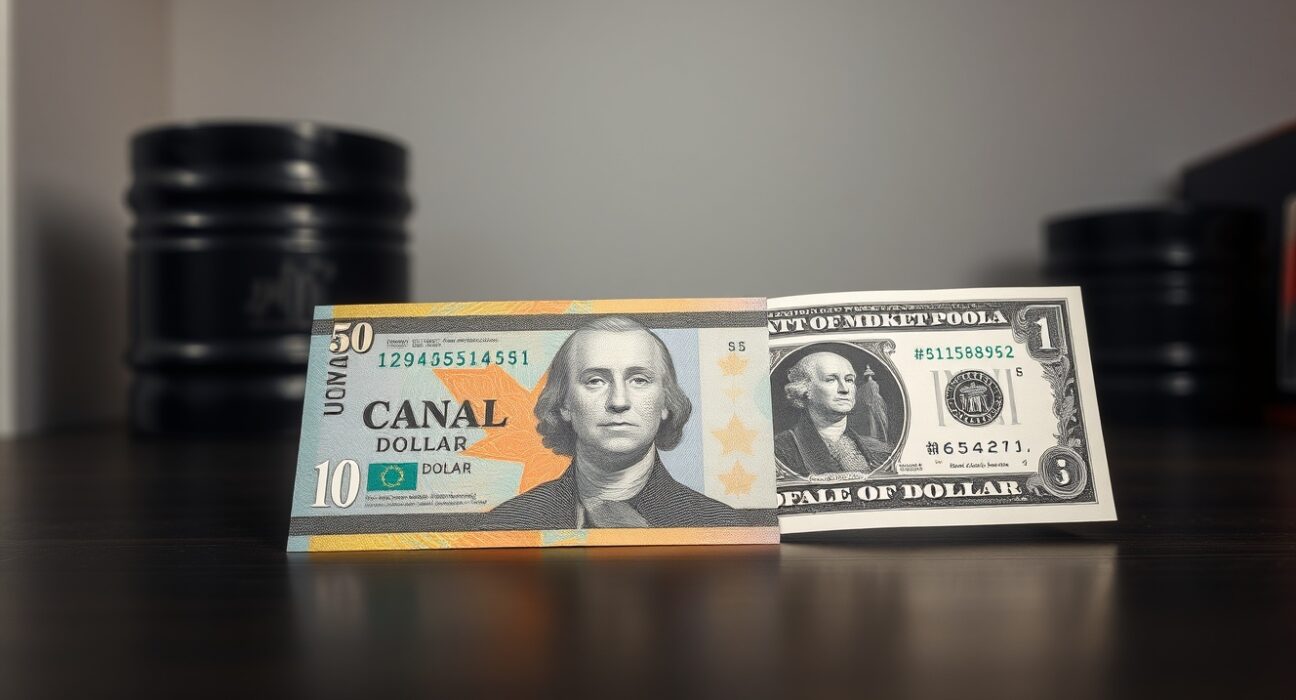 Canadian Dollar and US Dollar banknotes on a desk, representing USD/CAD currency pair movement.