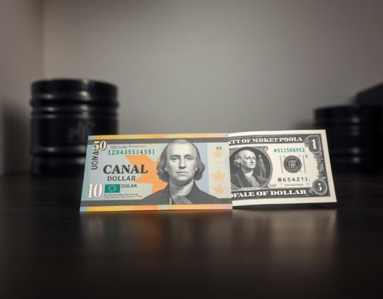 Canadian Dollar and US Dollar banknotes on a desk, representing USD/CAD currency pair movement.