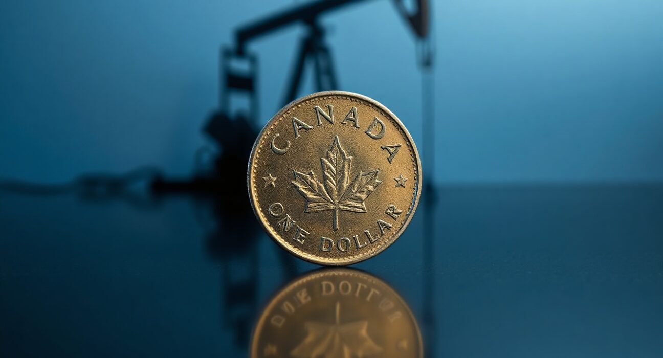 Canadian dollar coin near oil derrick silhouette representing currency and oil price relationship