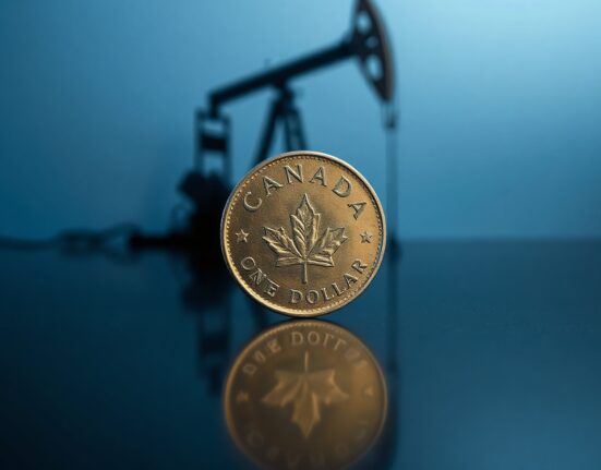 Canadian dollar coin near oil derrick silhouette representing currency and oil price relationship
