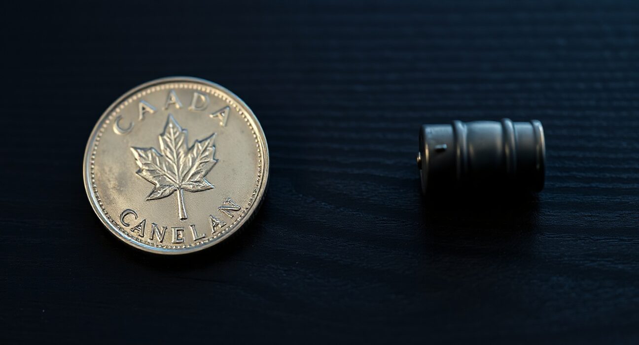 Canadian loonie coin and miniature oil barrel on dark wooden surface representing currency and commodity market correlation