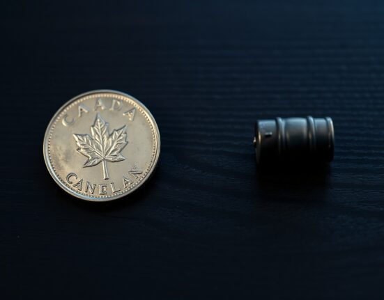 Canadian loonie coin and miniature oil barrel on dark wooden surface representing currency and commodity market correlation