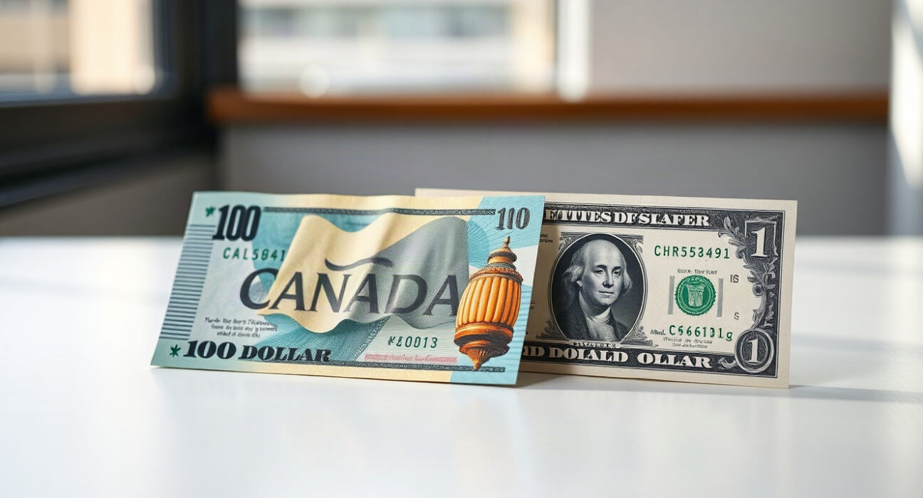 Canadian and US dollar banknotes side by side, with Canadian dollar in focus, symbolizing currency market dynamics.