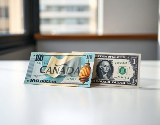 Canadian and US dollar banknotes side by side, with Canadian dollar in focus, symbolizing currency market dynamics.