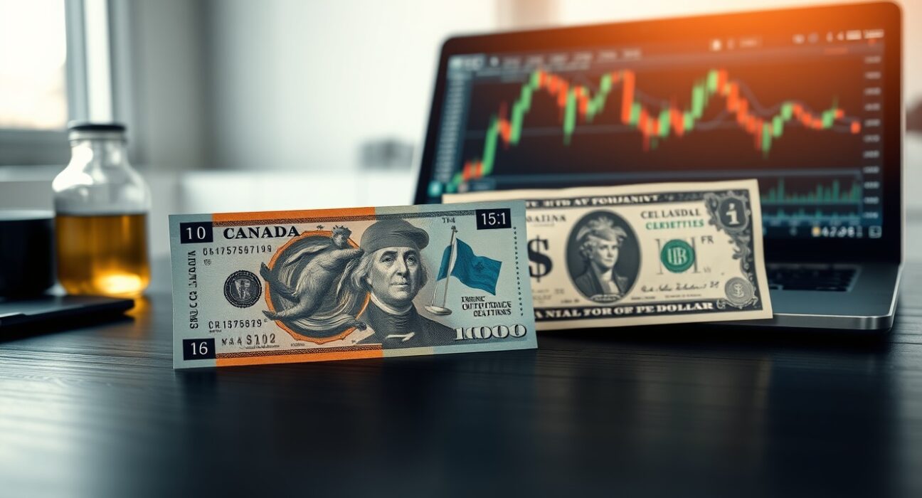 Canadian and US dollar banknotes with oil and chart in background, representing currency market