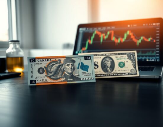 Canadian and US dollar banknotes with oil and chart in background, representing currency market