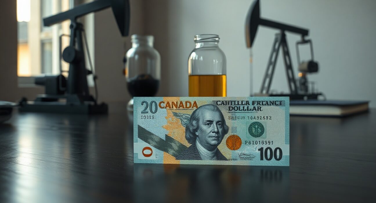 Canadian and US dollar banknotes with oil vial, representing currency and commodity relationship