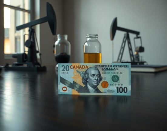 Canadian and US dollar banknotes with oil vial, representing currency and commodity relationship
