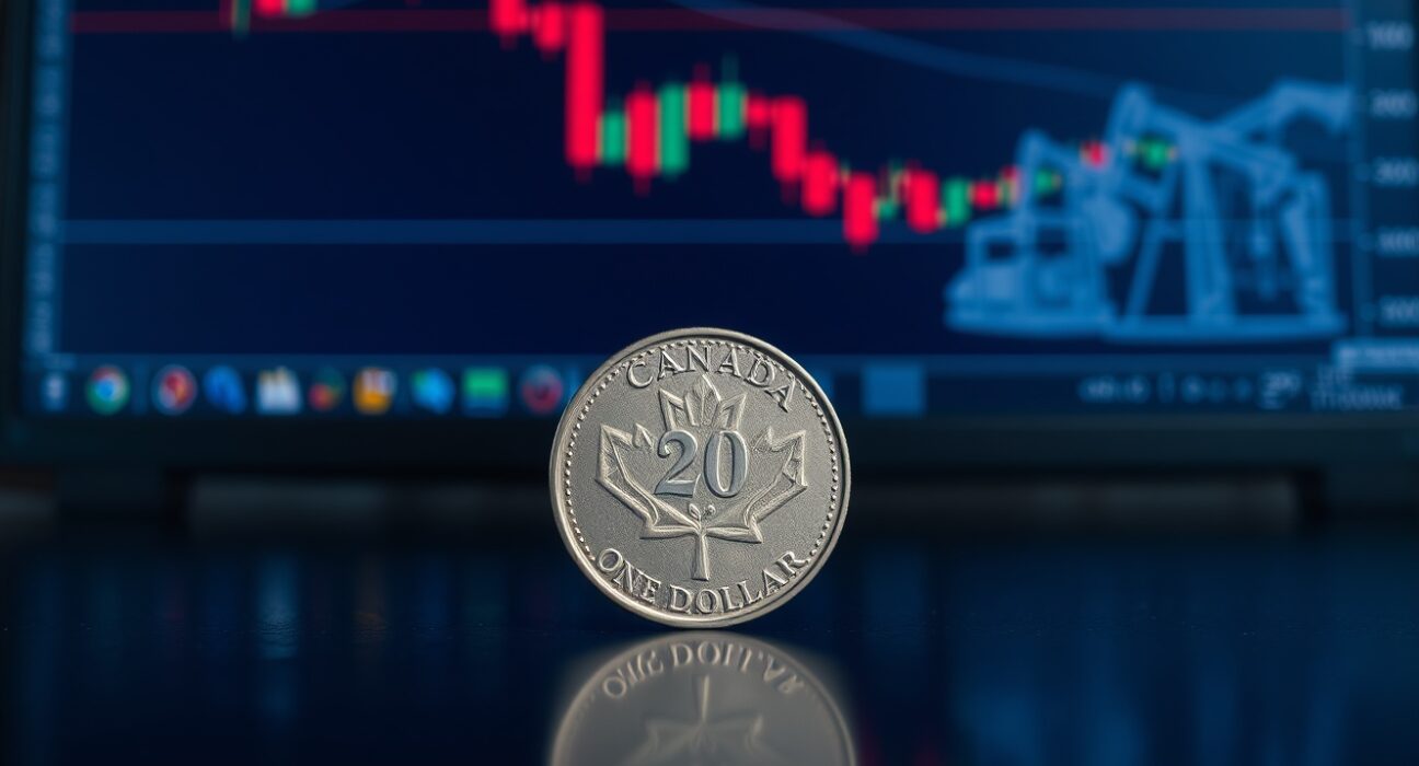 Canadian dollar coin on reflective surface with blurred forex chart and oil barrels in background