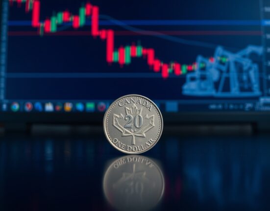 Canadian dollar coin on reflective surface with blurred forex chart and oil barrels in background