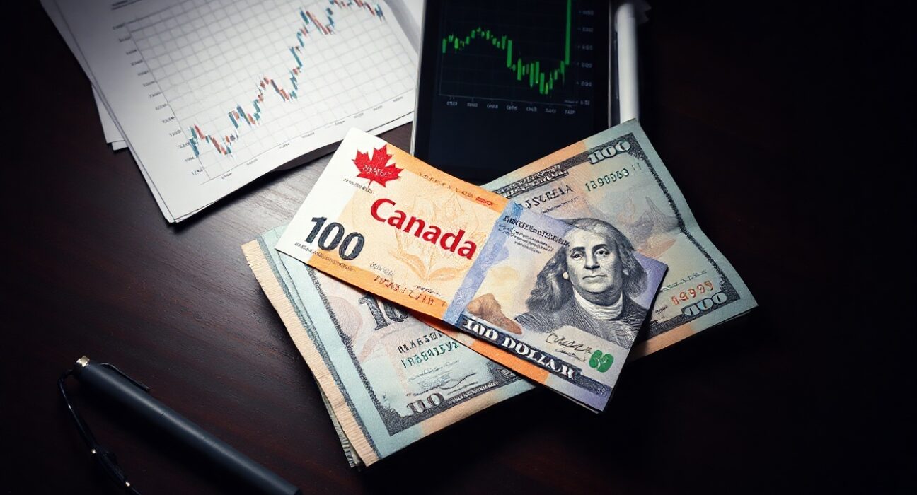 Canadian and US dollar bills on a desk with a forex chart in the background