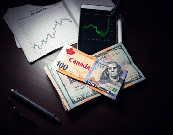 Canadian and US dollar bills on a desk with a forex chart in the background
