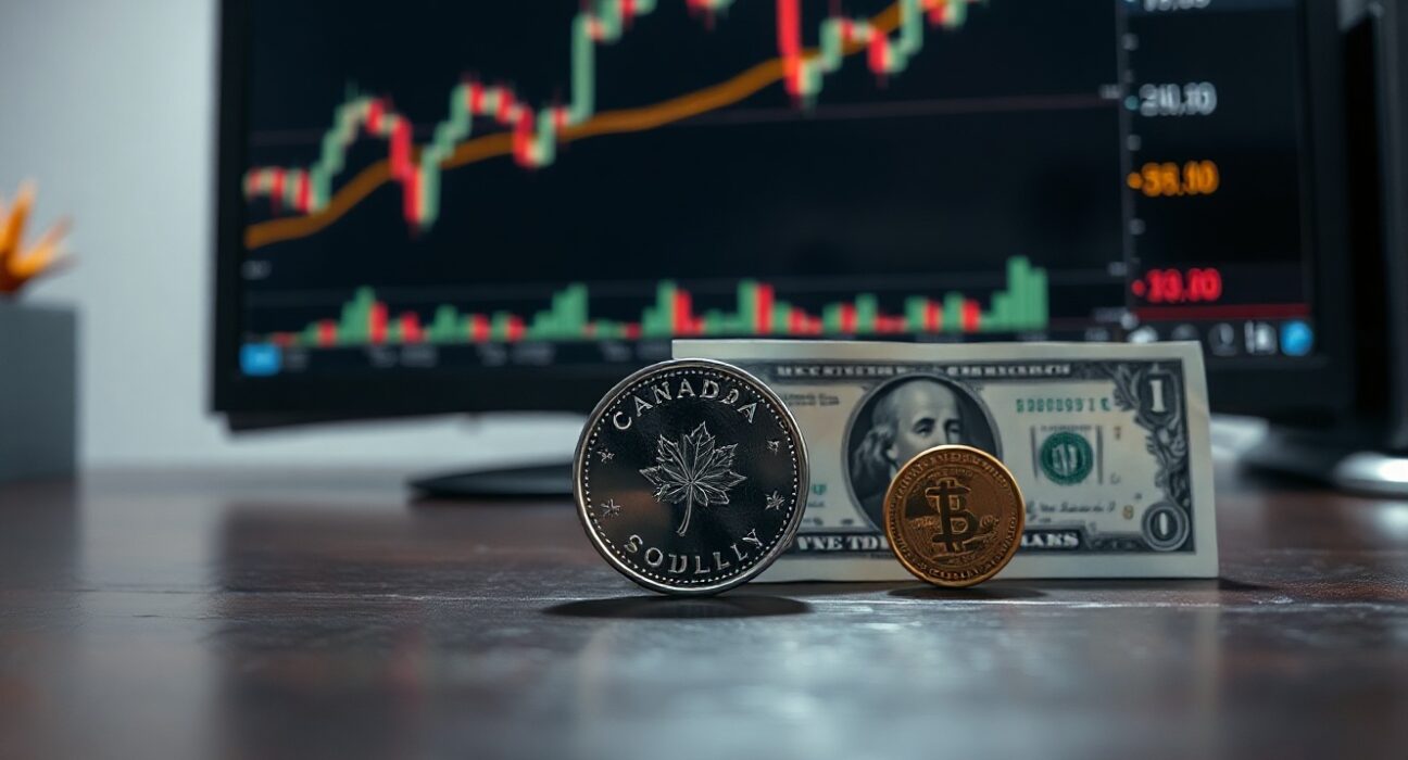 Canadian loonie coin and US dollar bill on a desk with a stock chart monitor in the background