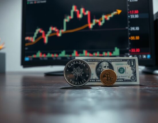 Canadian loonie coin and US dollar bill on a desk with a stock chart monitor in the background