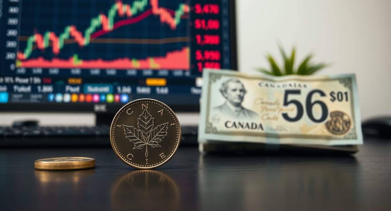 Canadian dollar coins and bills on a desk with a blurred background of a computer screen showing oil price charts and forex data.