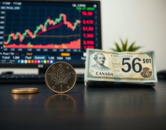 Canadian dollar coins and bills on a desk with a blurred background of a computer screen showing oil price charts and forex data.