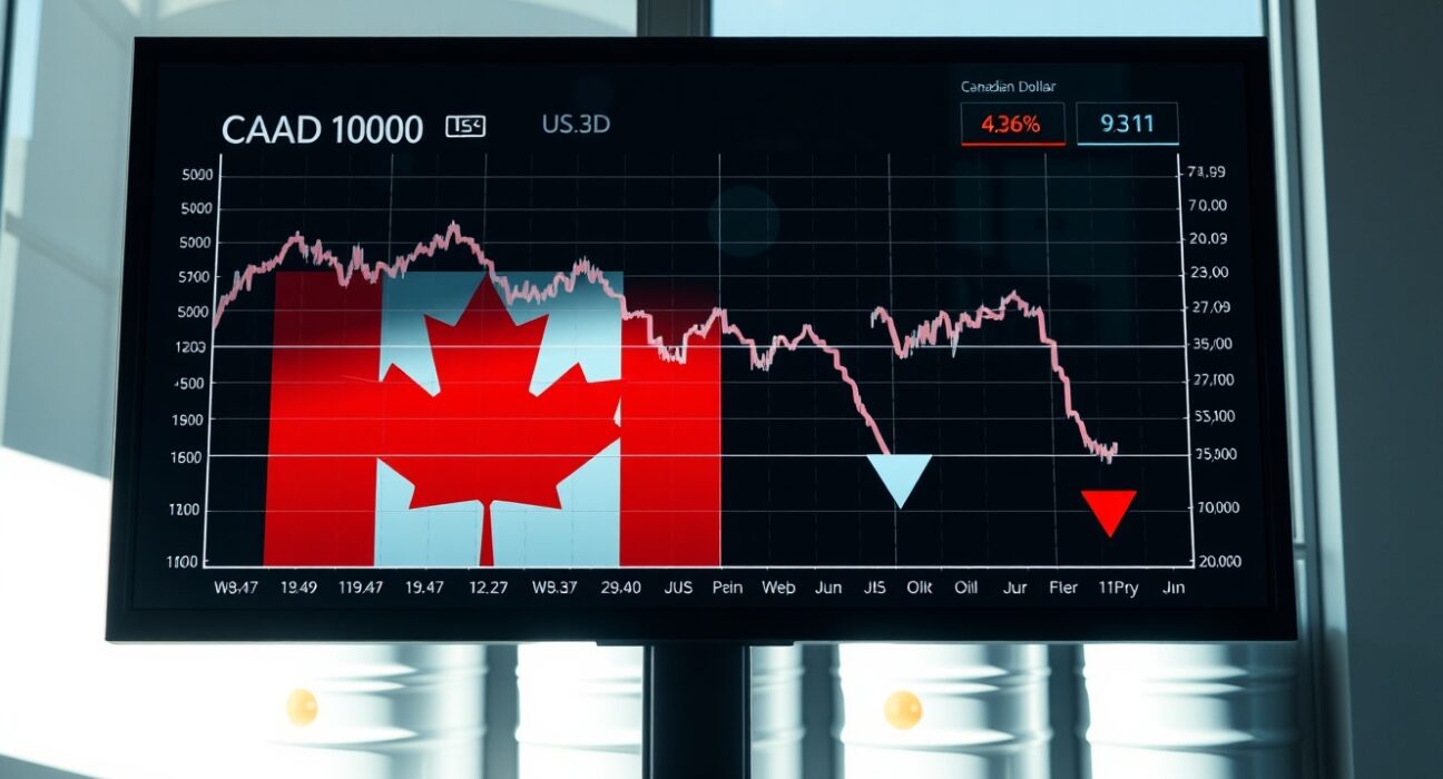 Canadian dollar exchange rate chart declining alongside falling oil prices in financial markets