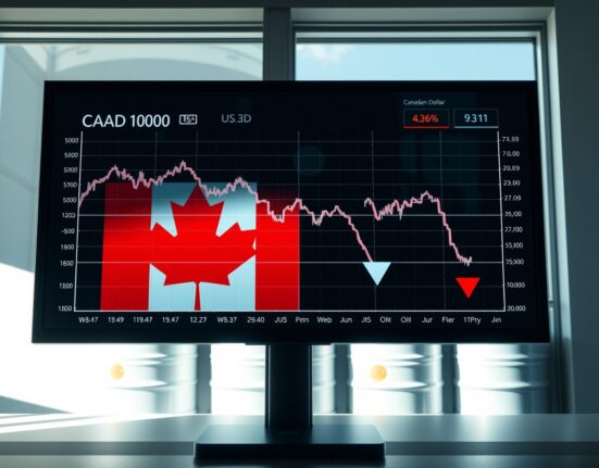 Canadian dollar exchange rate chart declining alongside falling oil prices in financial markets