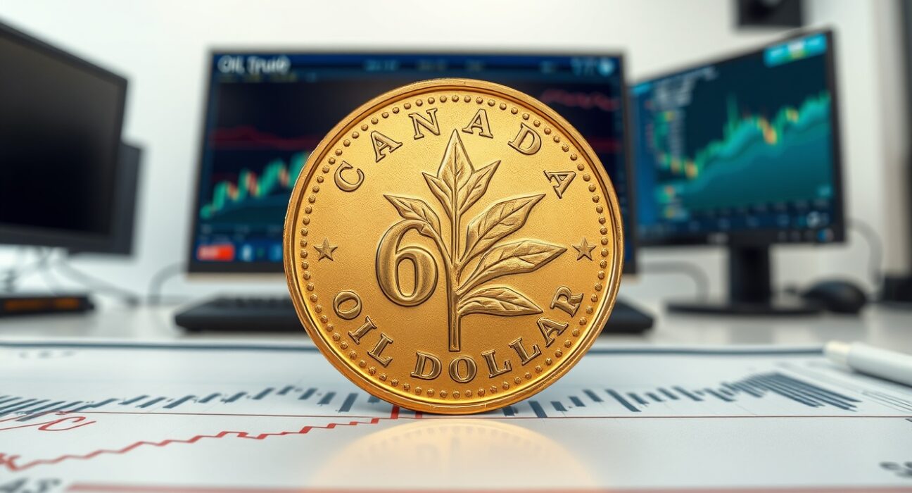 Canadian dollar coin analysis with rising oil price charts showing currency support mechanisms