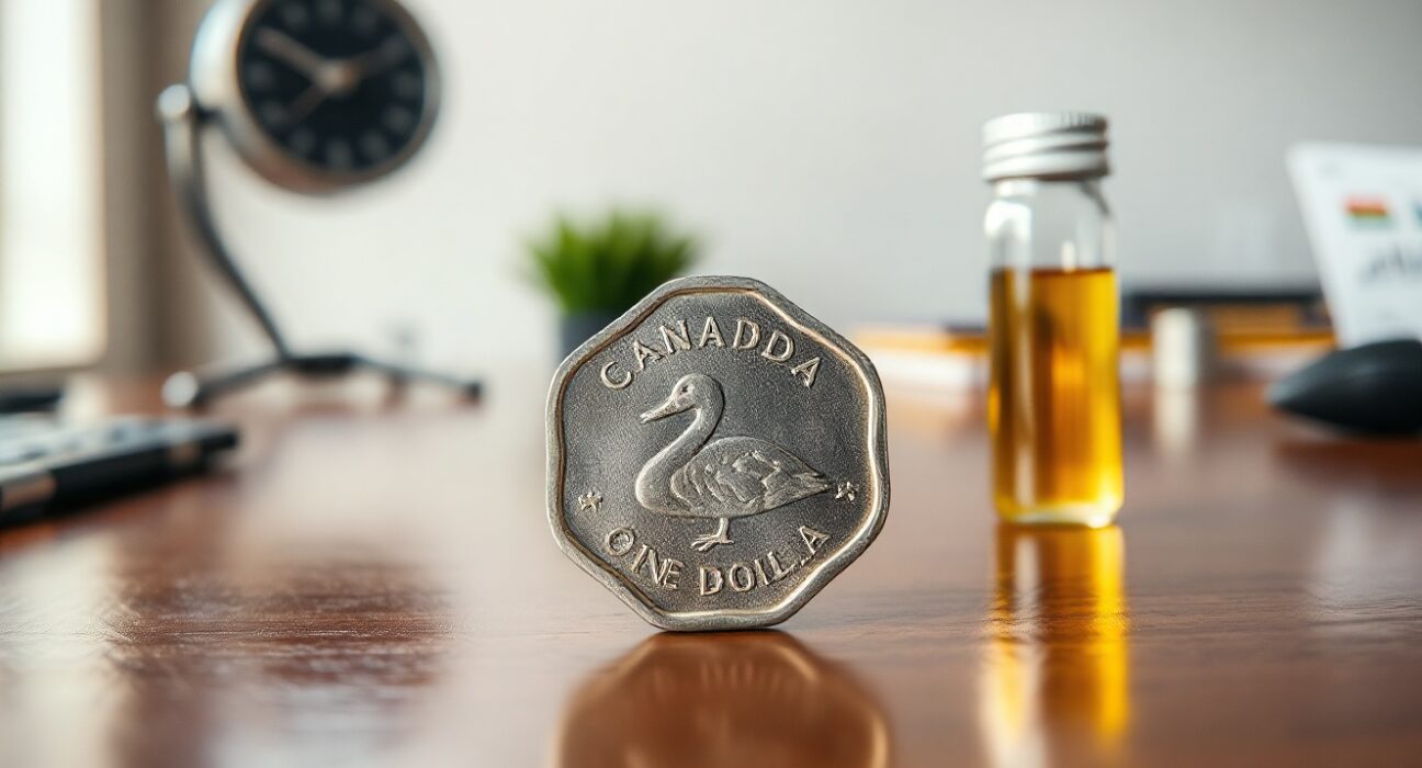 Canadian loonie coin beside a vial of crude oil on a desk, symbolizing currency and oil price correlation.