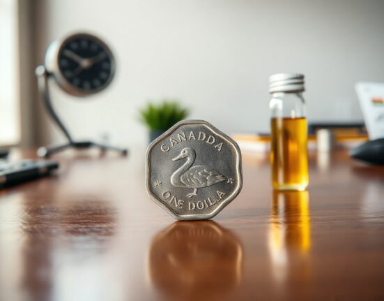 Canadian loonie coin beside a vial of crude oil on a desk, symbolizing currency and oil price correlation.