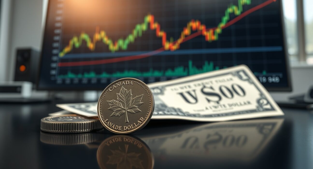 Canadian Loonie coin and US dollar on trading desk with chart showing CAD/USD and oil price correlation.