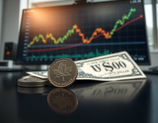 Canadian Loonie coin and US dollar on trading desk with chart showing CAD/USD and oil price correlation.