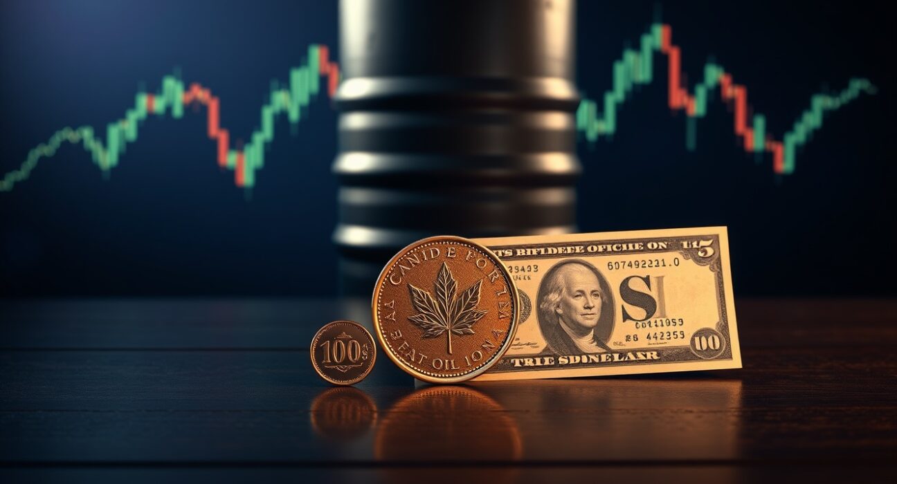 Canadian Dollar coin and US dollar bill with oil barrel and price chart, illustrating USD/CAD forex movement and elevated oil prices.