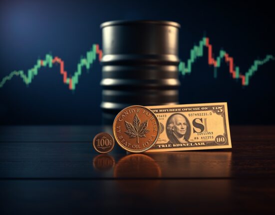 Canadian Dollar coin and US dollar bill with oil barrel and price chart, illustrating USD/CAD forex movement and elevated oil prices.