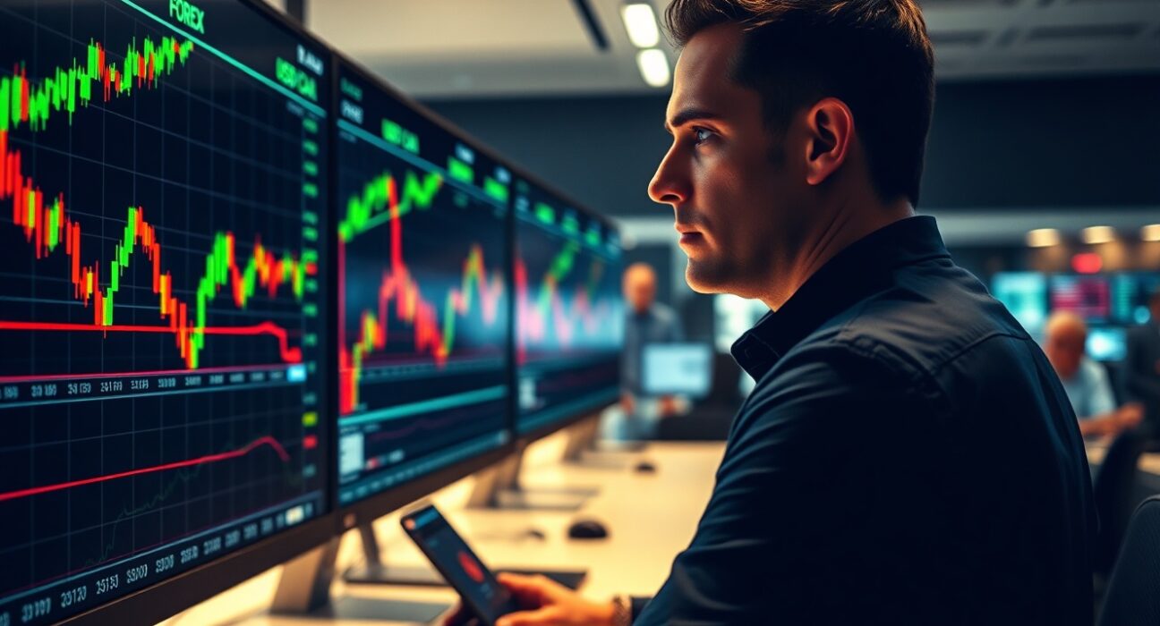 Financial trader monitoring USD/CAD and crude oil price charts on multiple screens in a modern trading floor