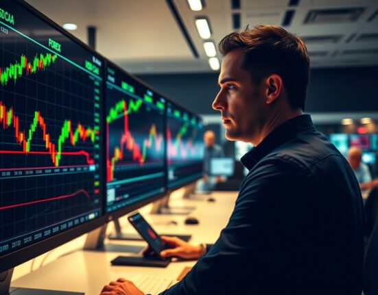Financial trader monitoring USD/CAD and crude oil price charts on multiple screens in a modern trading floor