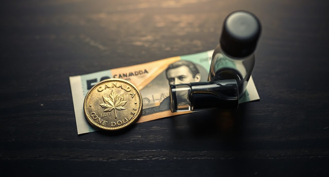 Canadian loonie coin and crude oil vial representing the correlation between the Canadian dollar and oil prices.
