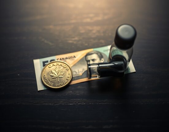 Canadian loonie coin and crude oil vial representing the correlation between the Canadian dollar and oil prices.