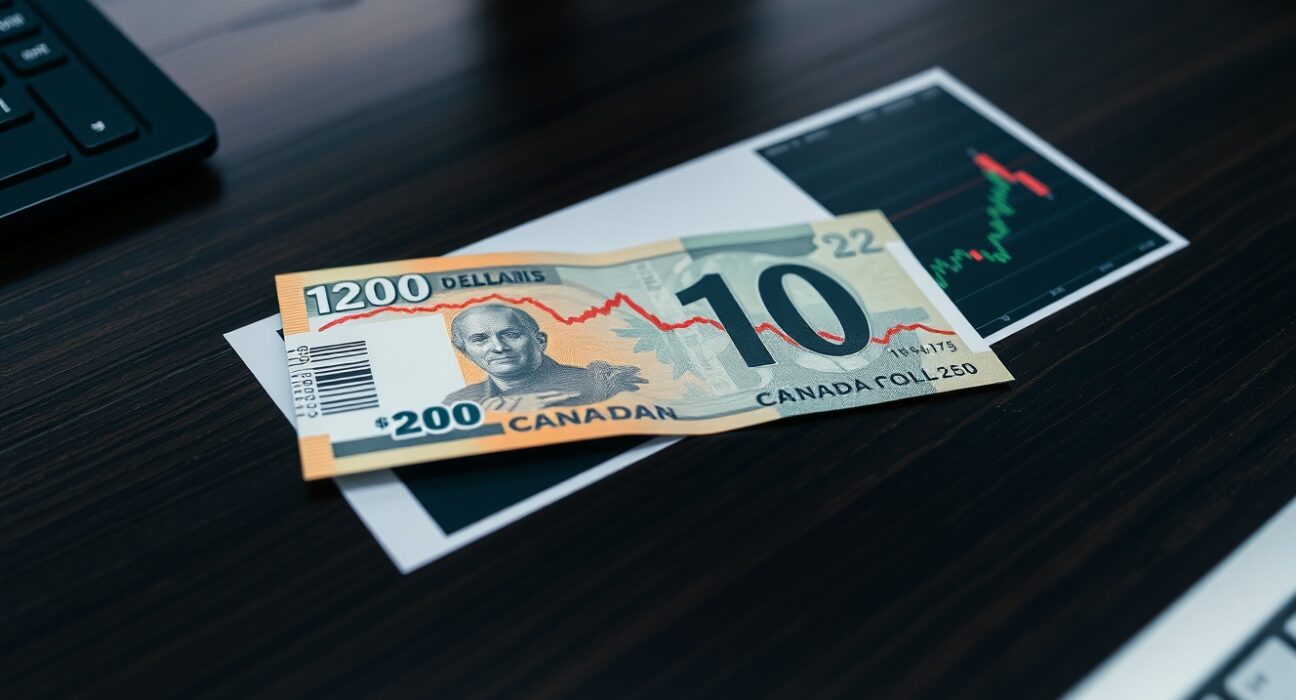 Canadian dollar banknote on a desk next to a financial chart showing price stabilization.