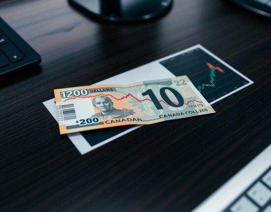 Canadian dollar banknote on a desk next to a financial chart showing price stabilization.