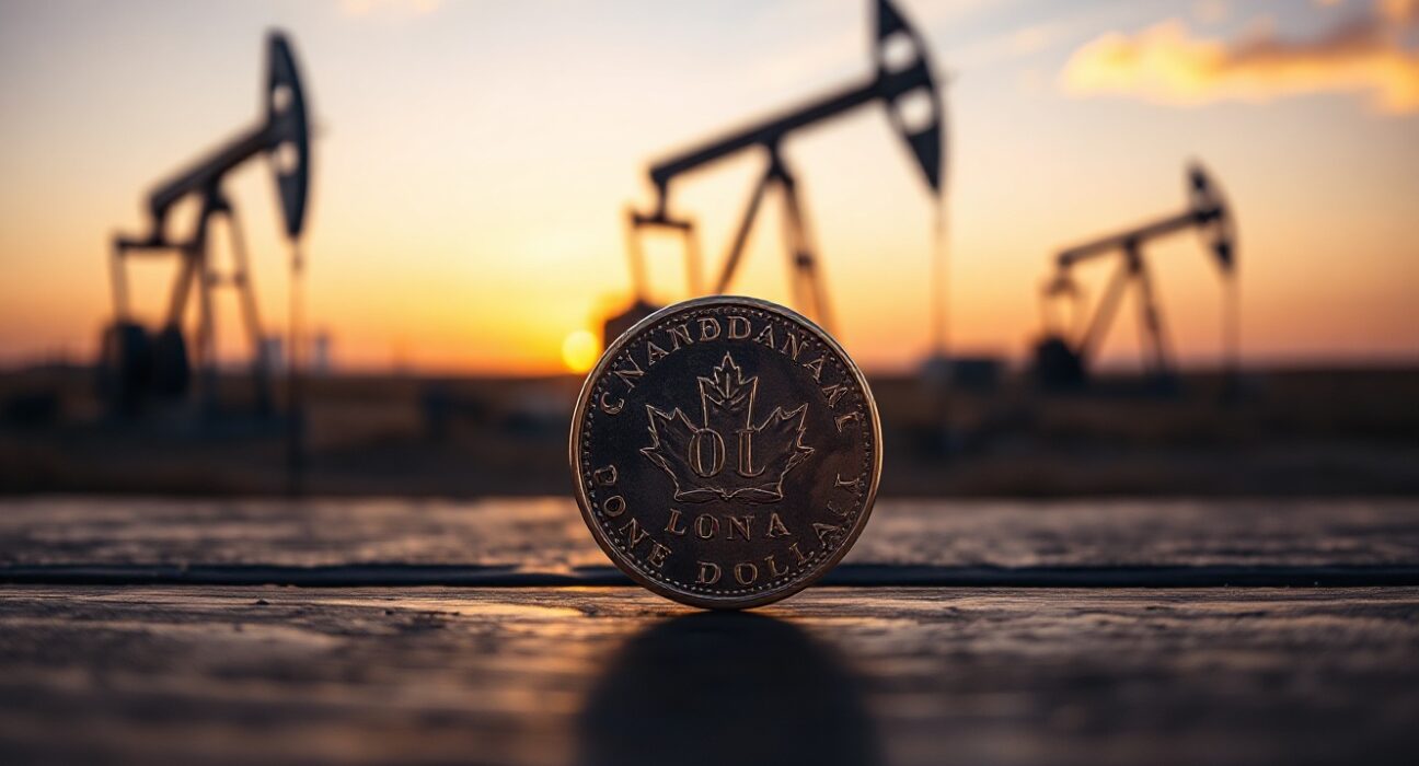 Canadian loonie coin in foreground with oil pump jacks silhouetted at sunset
