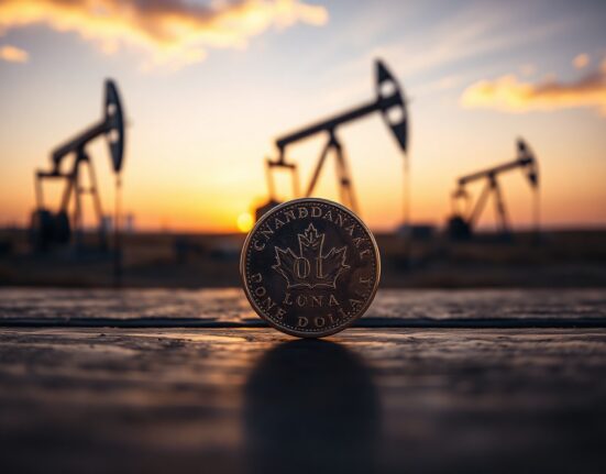 Canadian loonie coin in foreground with oil pump jacks silhouetted at sunset