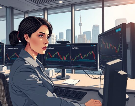 Financial analyst monitors Canadian Dollar and oil price charts ahead of US CPI data release in Toronto.