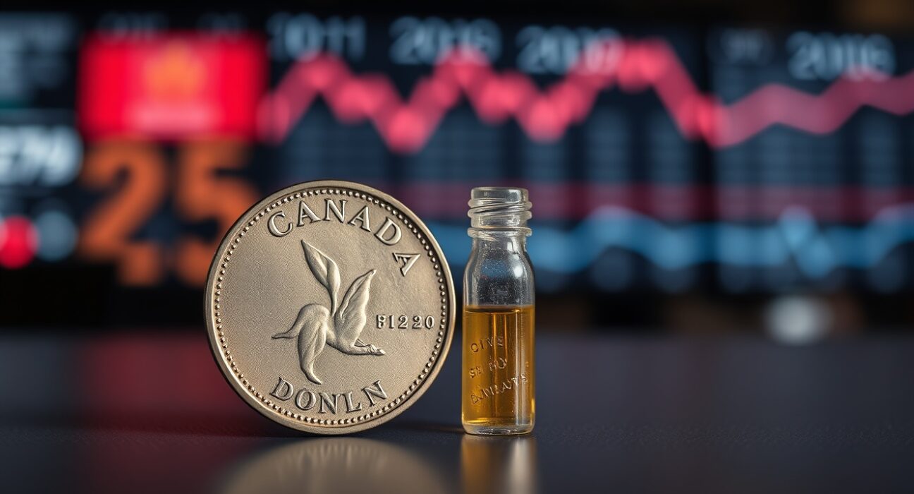 Canadian dollar coin and crude oil vial on a surface with a blurred trading floor background.