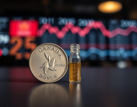 Canadian dollar coin and crude oil vial on a surface with a blurred trading floor background.