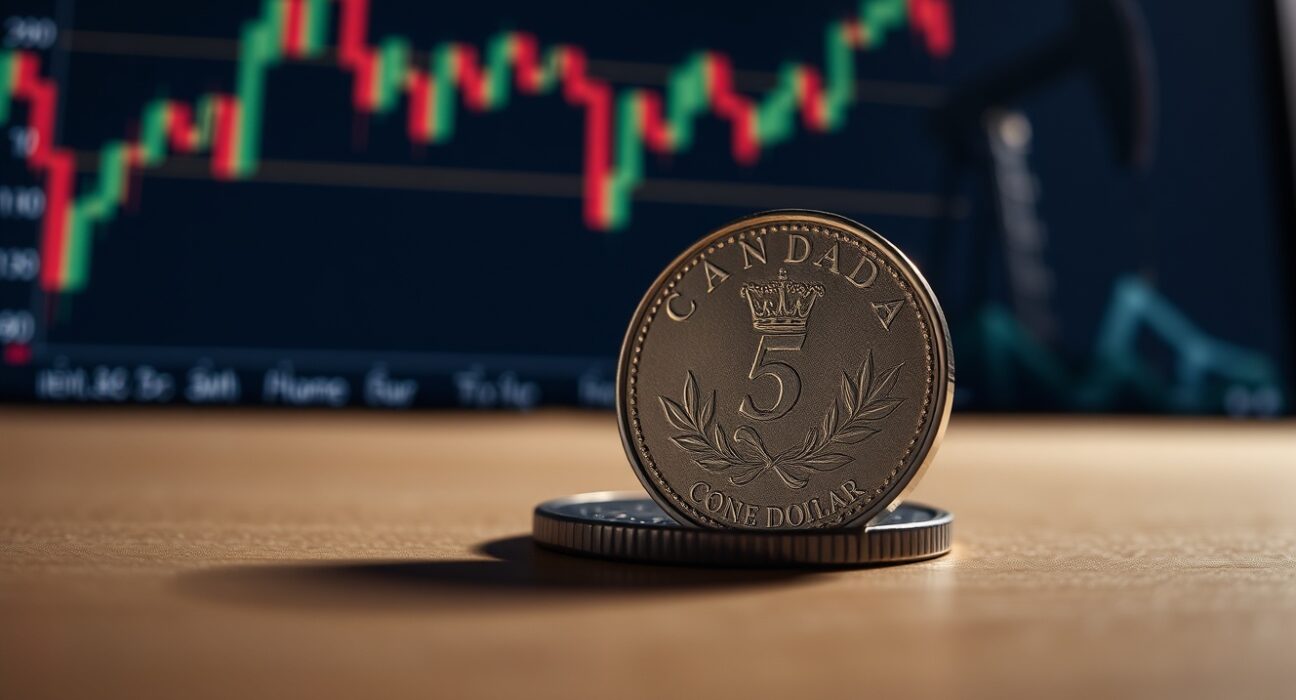 Canadian dollar coin in foreground with oil pumpjack and forex chart in background