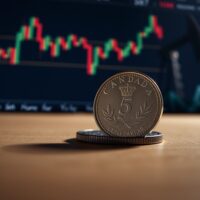 Canadian dollar coin in foreground with oil pumpjack and forex chart in background
