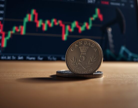Canadian dollar coin in foreground with oil pumpjack and forex chart in background