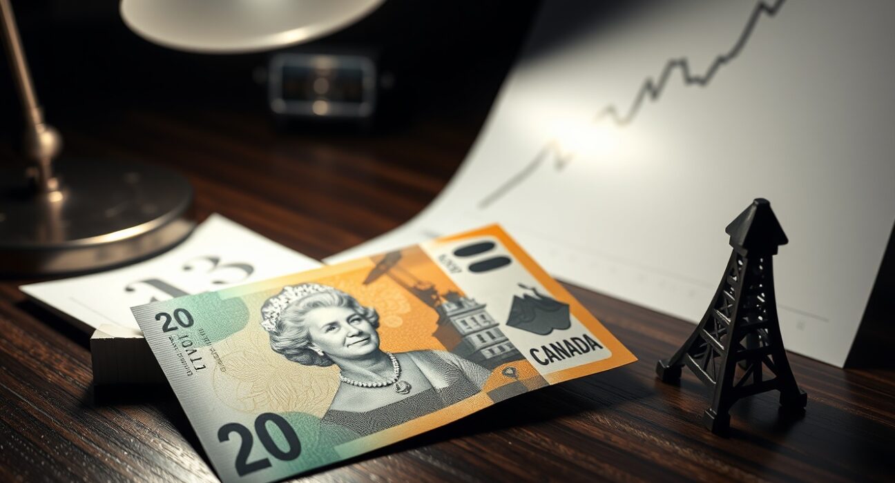 Canadian Dollar banknote and oil derrick model on a desk with a price chart, illustrating the impact of elevated Oil prices on the USD/CAD exchange rate.