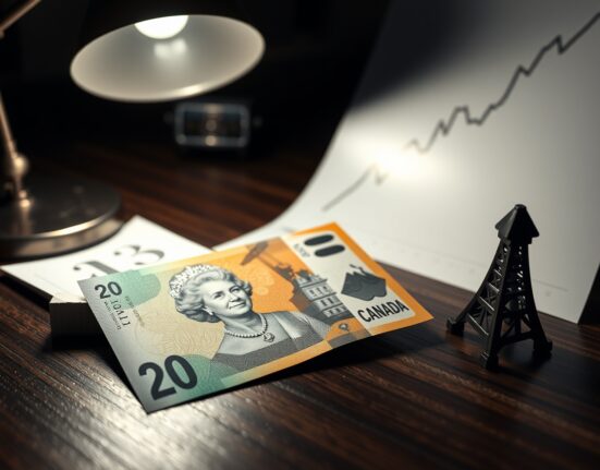 Canadian Dollar banknote and oil derrick model on a desk with a price chart, illustrating the impact of elevated Oil prices on the USD/CAD exchange rate.